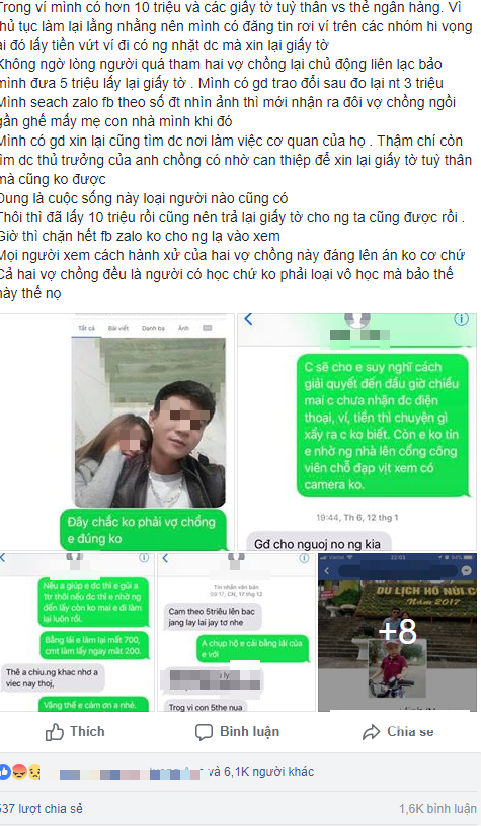 Đôi vợ chồng trẻ nhặt được túi xách, cuỗm luôn điện thoại và ví của khổ chủ còn bắt chuộc 5 triệu để lấy giấy tờ khiến dân mạng bức xúc