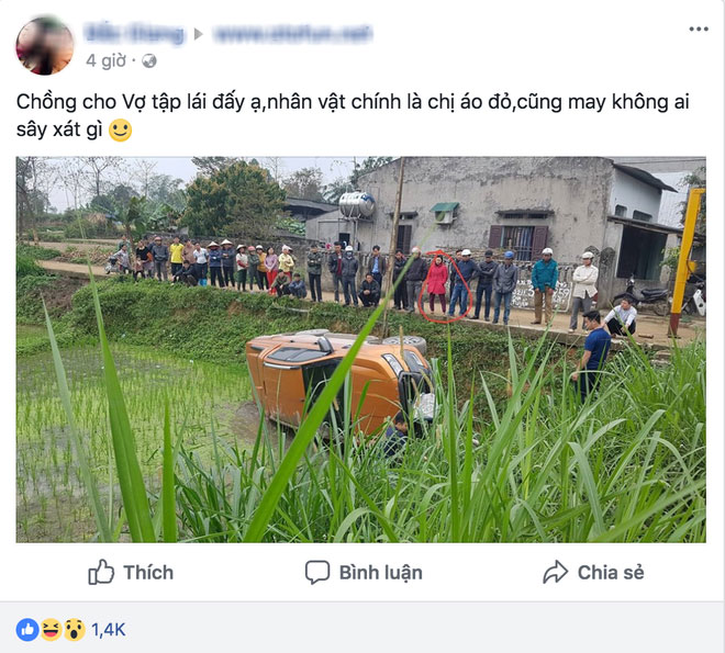 Chồng cho vợ tập lái xe trên đường làng và pha hạ cánh phũ phàng xuống ruộng