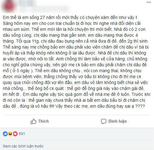 Câu chuyện khiến chị em tranh cãi: Dâu út đang bầu bí, mẹ chồng bắt vào viện chăm dâu trưởng mới sinh