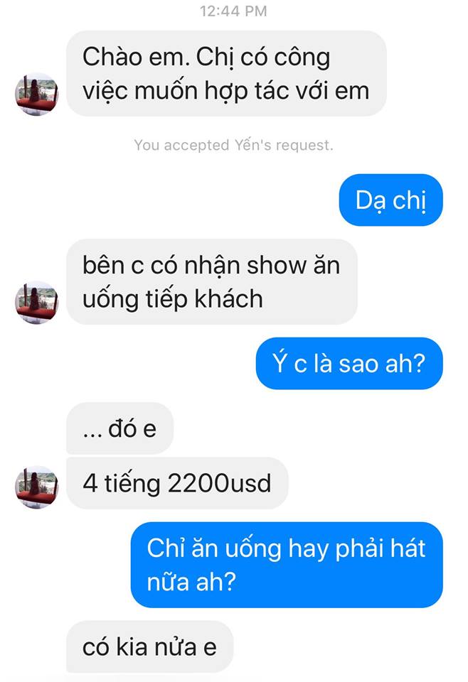 Ca sĩ Pha Lê công khai loạt tin nhắn dụ tiếp khách với giá 2.200 USD