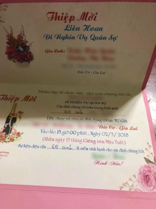 Bình thường chỉ có thiệp mời cưới, giờ có hẳn thiệp mời ăn liên hoan đi nghĩa vụ quân sự!