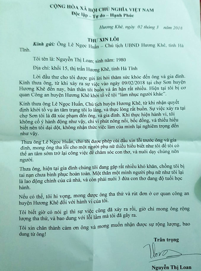 Nữ tiểu thương hắt tiết lợn gửi thư xin lỗi Chủ tịch huyện