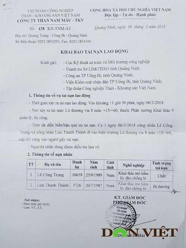 Bị cáp tời văng trúng người, thợ mỏ 29 tuổi tử vong