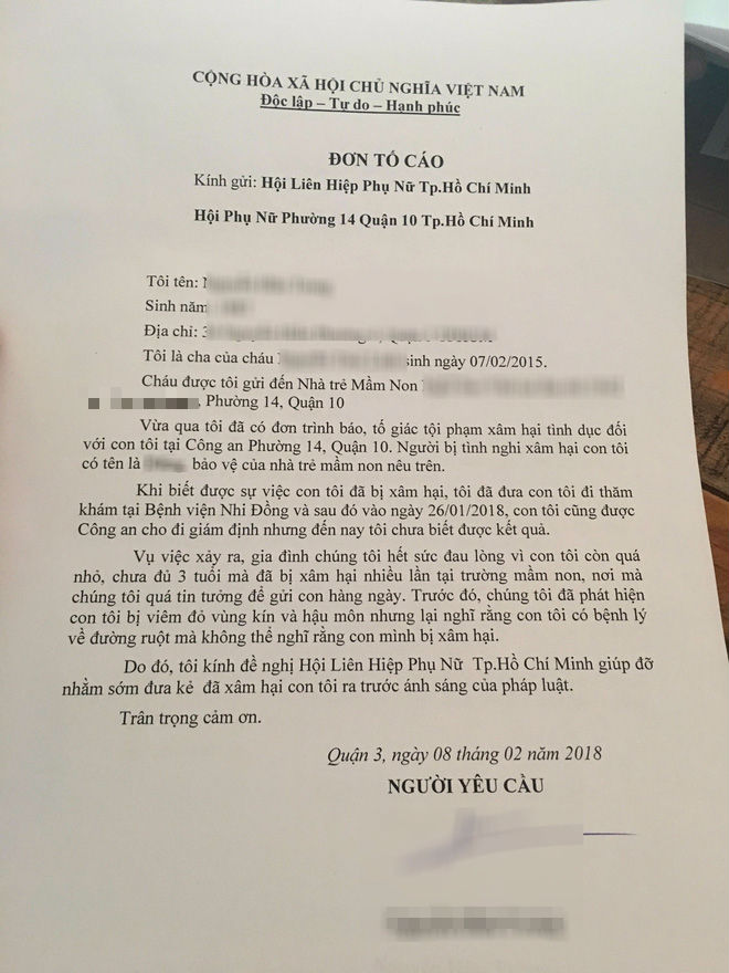 TP.HCM: Bé gái 3 tuổi nghi bị bảo vệ xâm hại tại trường mầm non, bố mẹ nghỉ việc đi cầu cứu cơ quan chức năng