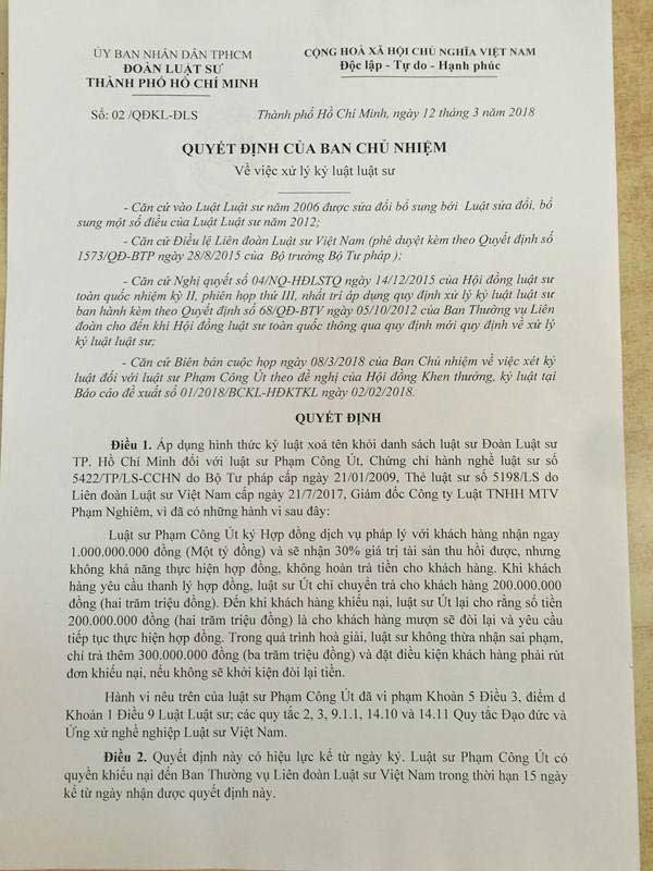 Một luật sư ở TP.HCM bị kỷ luật, xóa tên