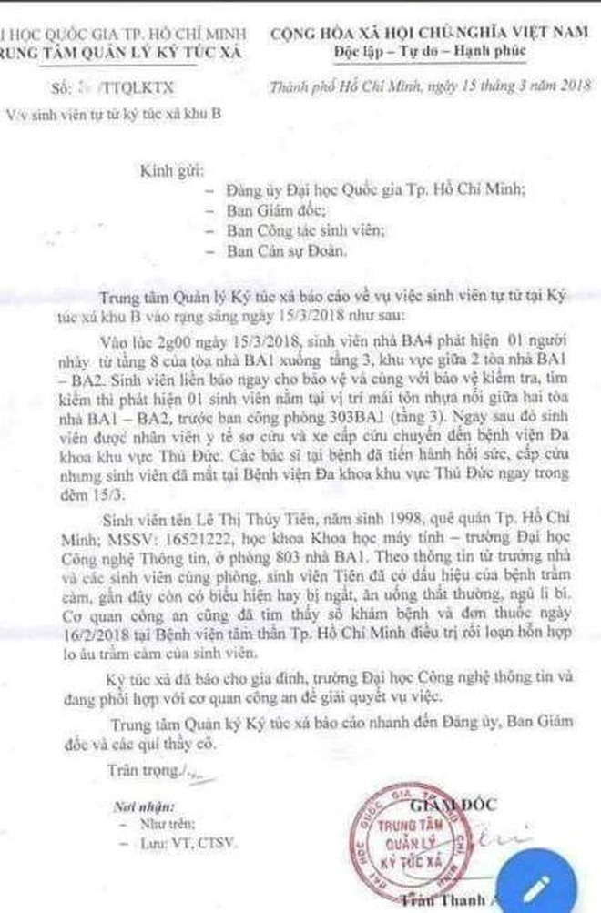 Nữ sinh viên rơi từ tầng 8 ký túc xá ở Thủ Đức