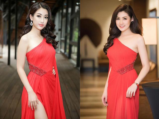 Hoa hậu Đỗ Mỹ Linh và Á hậu Tú Anh tiếp tục đụng váy đỏ rực rỡ