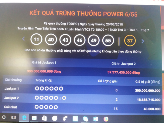 Hai vé số Vietlott trúng hơn 37 tỉ đồng bán ở TP HCM và Kiên Giang Hai vé số Vietlott trúng hơn 37 tỉ đồng bán ở TP HCM và Kiên Giang
