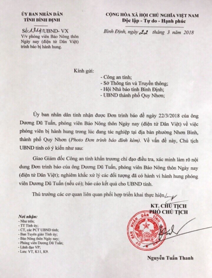Chủ tịch tỉnh Bình Định chỉ đạo điều tra vụ PV Dân Việt bị dọa giết