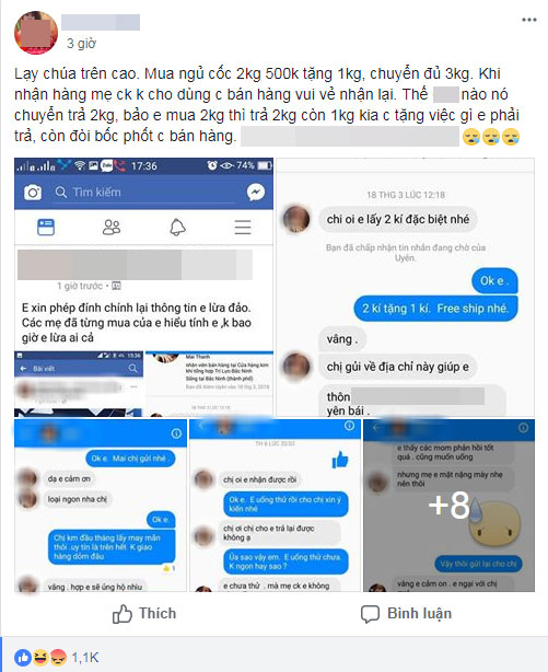 Khách đặt mua 2 kg ngũ cốc được tặng thêm 1 kg, đến khi trả lại nhất quyết chỉ trả 2, còn lên mạng tố cáo chủ shop gian dối