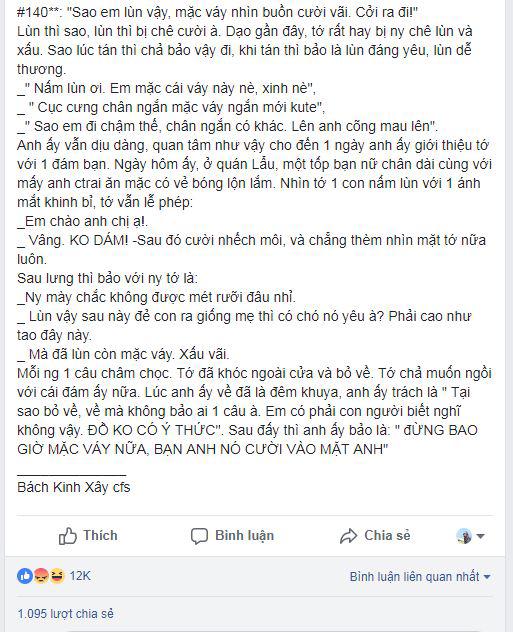 Bị bạn trai mắng chỉ vì lùn mà vẫn mặc váy, cô gái khiến dân mạng ức chế sôi sục Bị bạn trai mắng chỉ vì lùn mà vẫn mặc váy, cô gái khiến dân mạng ức chế sôi sục