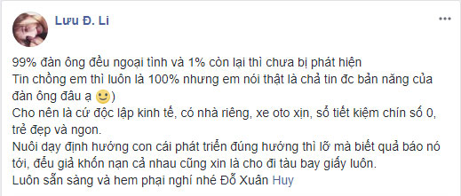 Lưu Đê Li lại gây bão với status bóng gió chuyện đàn ông ngoại tình, dạy chị em cách ứng phó khi bị cắm sừng Lưu Đê Li lại gây bão với status bóng gió chuyện đàn ông ngoại tình, dạy chị em cách ứng phó khi bị cắm sừng