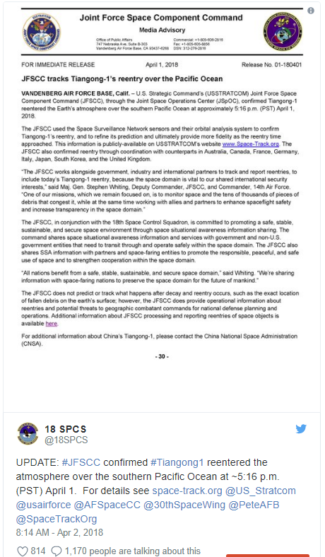 Trạm vũ trụ Trung Quốc đã lao vào khí quyển Trái đất, bỏ mạng tại khu vực Nam Thái Bình Dương