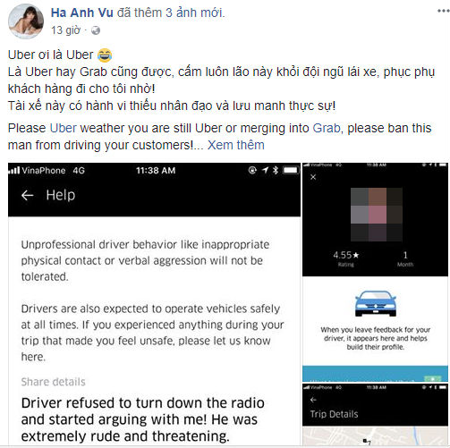 Siêu mẫu Hà Anh bức xúc vì bị tài xế Uber đuổi xuống xe, vứt hành lý ra đường: Uber sáp nhập Grab rồi, chúng tôi không cần khách nữa