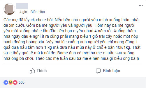 Cô gái phàn nàn vì nhà chồng tương lai đến ra mắt mua mỗi quả dưa hấu 10 nghìn, chị em khuyên mua túi kẹo cao su đáp lễ