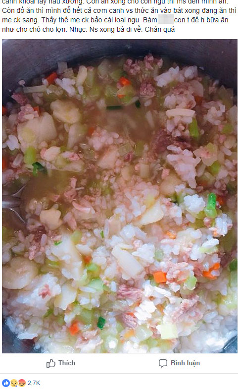 Một nách hai con sinh đôi, đến bữa ăn cơm trộn như thế này, mẹ trẻ bị mắng là ăn cơm lợn, chỉ biết ăn bám chồng