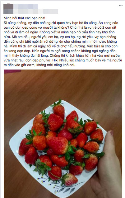 Mẹ 2 con nhỏ than thở người yêu, vợ của bạn chồng đến nhà chơi chỉ biết ngồi ăn rồi đứng lên uống nước, chẳng biết ý phụ rửa bát nấu nướng