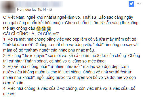 Nghề khó nhất là nghề làm vợ - bài viết xúc động chạm đến nỗi lòng của các bà vợ Việt