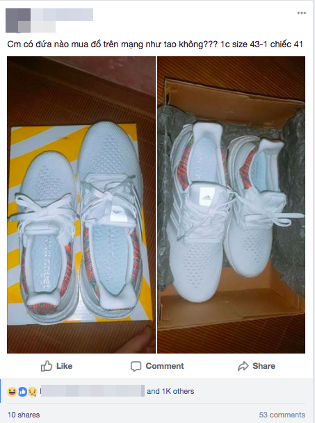 Đắng lòng thanh niên đặt hàng qua mạng rồi nhận 2 chiếc giày cọc cạch, lệch hẳn 2 size