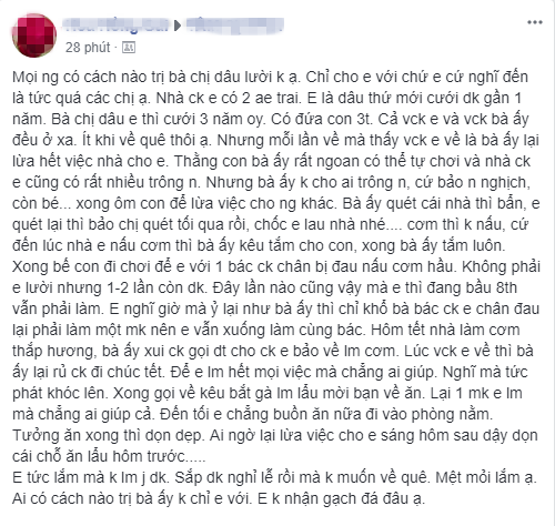 Chị dâu chồng toàn tìm cớ trốn việc, dâu thứ khổ tâm đăng đàn xin cao kiến, 500 chị em cùng đưa ra cách này