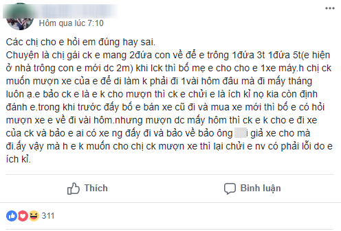 Chị chồng mang 2 con sang gửi trông hộ, còn đòi mượn xe dùng tạm vài tháng, em dâu không cho liền bị mắng là ích kỷ