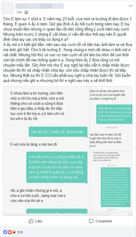 Cô gái dứt khoát chia tay vì chồng sắp cưới tuyên bố không tin tưởng vợ, sẽ đưa hết tiền bạc cho mẹ đẻ sau khi kết hôn