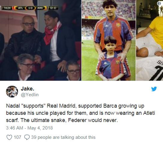 Cổ vũ Atletico, Rafael Nadal bị fan Real gọi là rắn độc