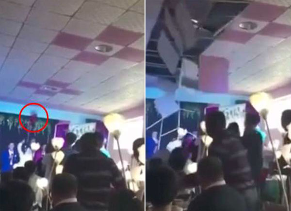 Cô dâu tung hoa làm thủng trần phòng tiệc cưới