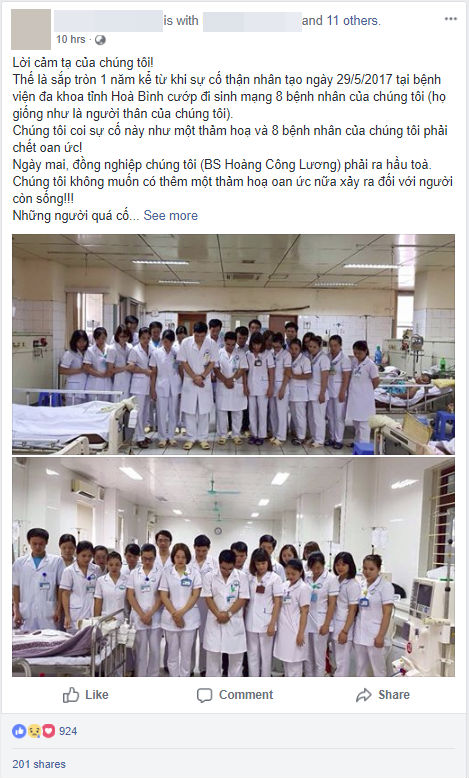 Đồng nghiệp của BS Hoàng Công Lương gửi lời cảm tạ đến gia đình các bệnh nhân quá cố sau sự cố chạy thận khiến 8 người tử vong