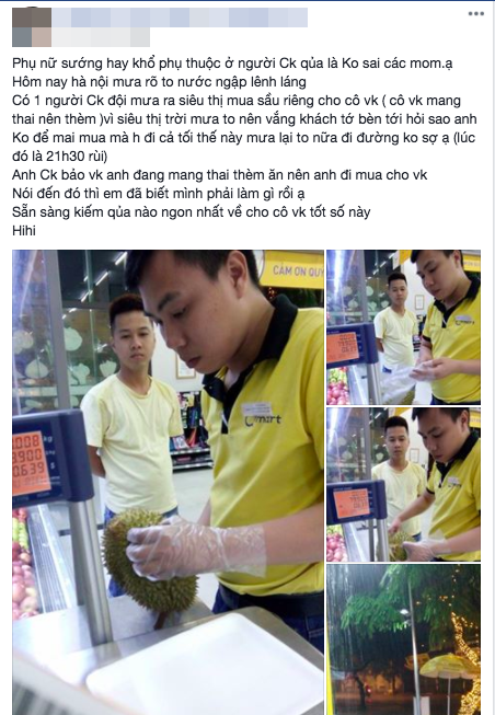 Vợ bầu thèm sầu riêng giữa đêm, anh chồng lặn lội mưa gió ở Hà Nội đi mua khiến nhiều chị em xuýt xoa ước gì...