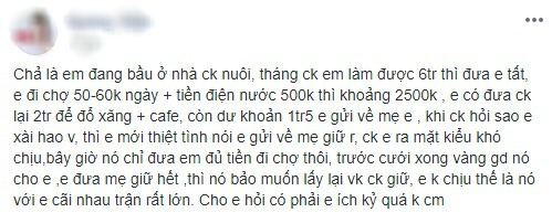 Vợ bầu rút lõi 25% lương của chồng đưa cho nhà ngoại, đến lúc bị chồng giận còn lên mạng hỏi mình có ích kỷ không