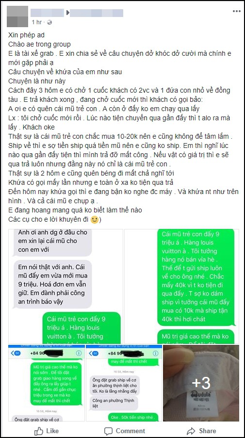 Hành khách để quên mũ của con trên taxi rồi hét giá 9 triệu bắt tài xế ship trả, nếu không sẽ báo công an can thiệp