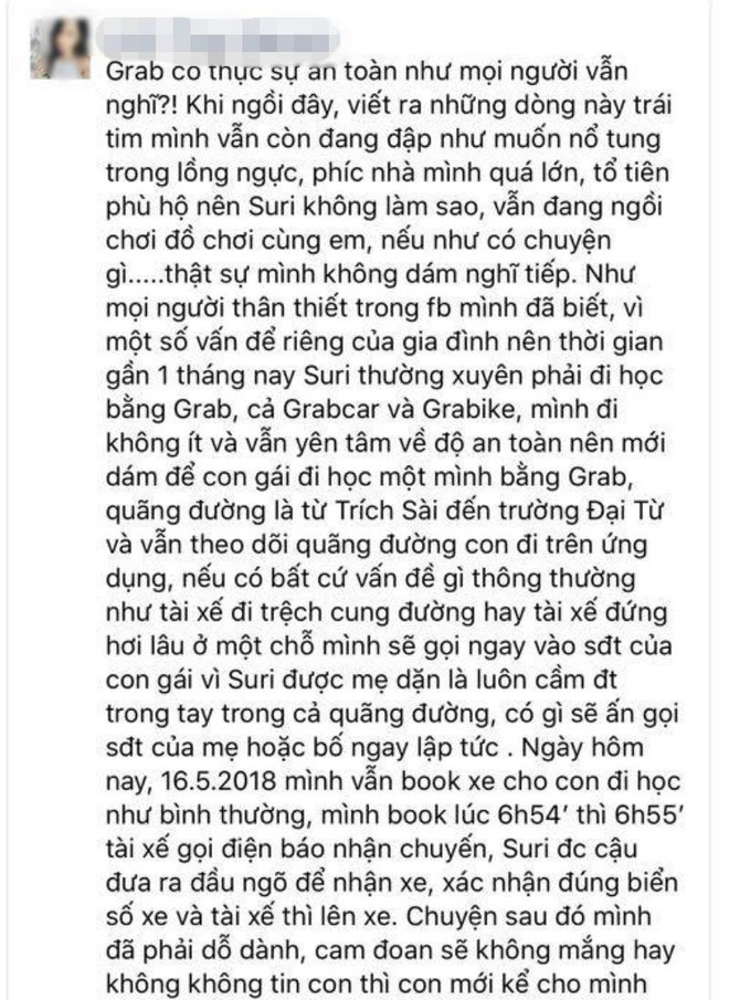 Mẹ bé gái 9 tuổi bị tài xế Grab quấy rối: Cháu đã trình bày tại cơ quan Công an như khi kể với mẹ