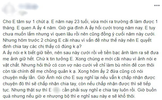 Gần đến ngày cưới, chồng giao hẹn lấy nhau về tiền lương đưa hết cho mẹ giữ, cô gái chia tay ngay lập tức