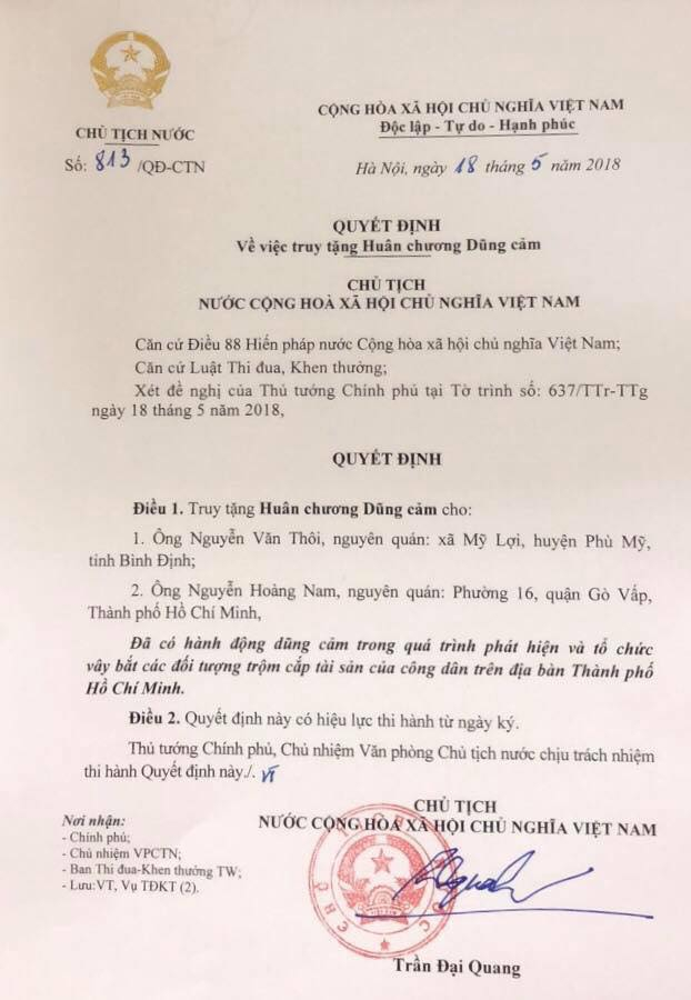 Chủ tịch nước tặng, truy tặng Huân chương Dũng cảm cho 7 hiệp sĩ