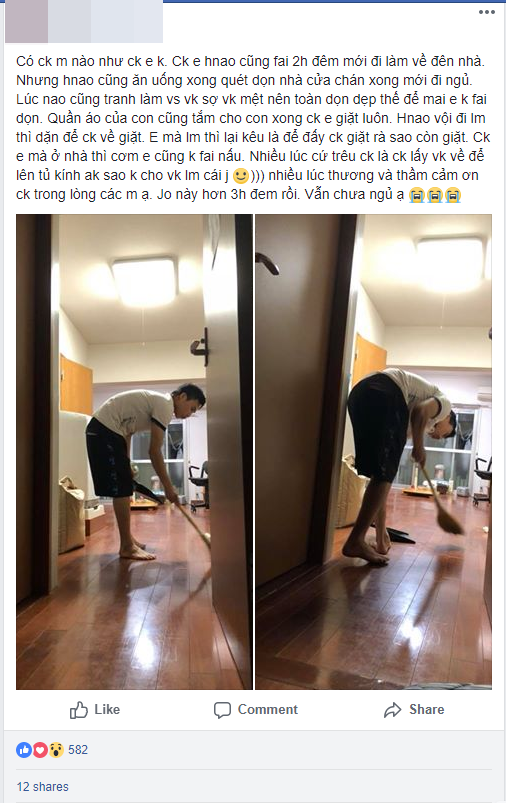 Chồng nhà người ta: Ngày nào cũng phải 2h đêm mới đi làm về nhưng anh chồng này vẫn cặm cụi quét dọn nhà cửa vì sợ vợ mệt
