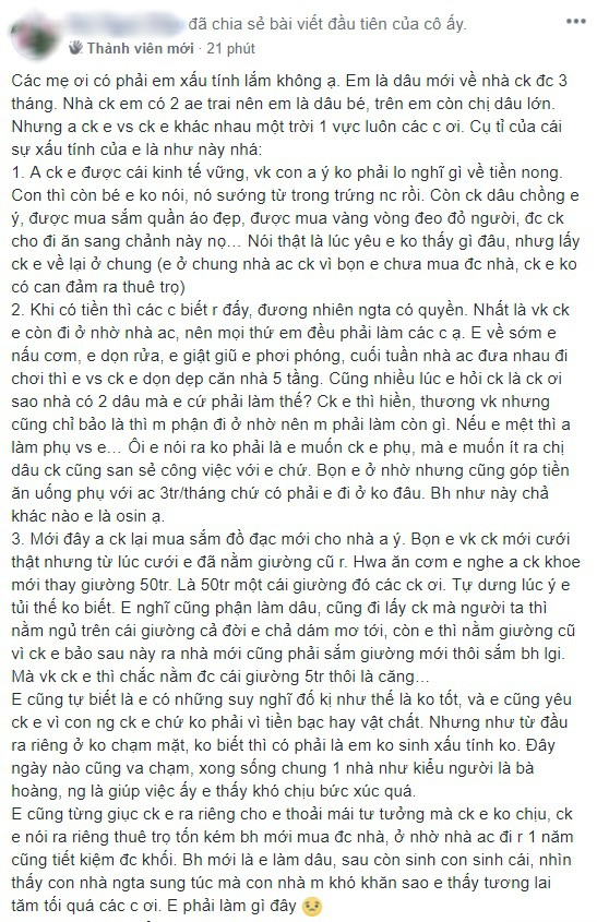 Tủi thân vì phải ở nhờ nhà anh chồng, thấy anh mua giường 50 triệu, chị dâu đeo vàng đỏ người còn mình như osin, nàng dâu út bị mắng tơi tả