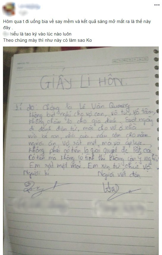 Chồng uống say về bị bẫy ký đơn từ chức vợ, nội dung khiến ai đọc cũng thấy xót xa