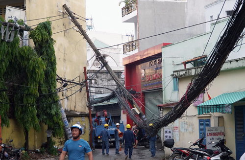 Cây xà cừ đè xe tải, kéo đổ hàng loạt trụ điện ở Sài Gòn