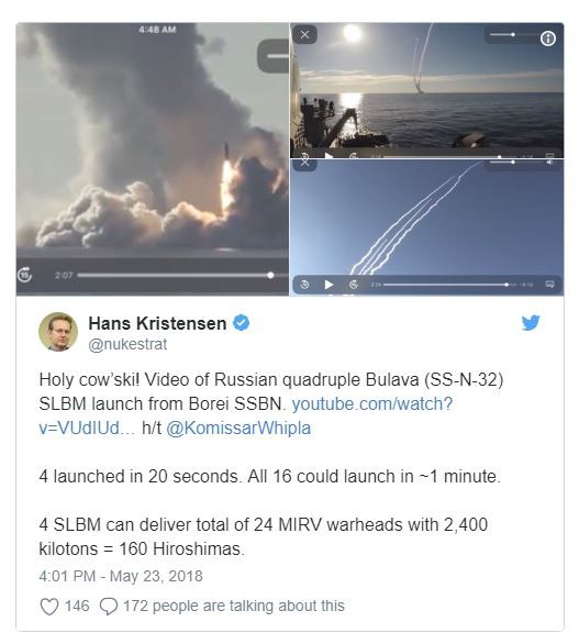 Chuyên gia Mỹ: 4 tên lửa Bulava Nga vừa phóng đi có sức hủy diệt gấp 160 lần bom Hiroshima