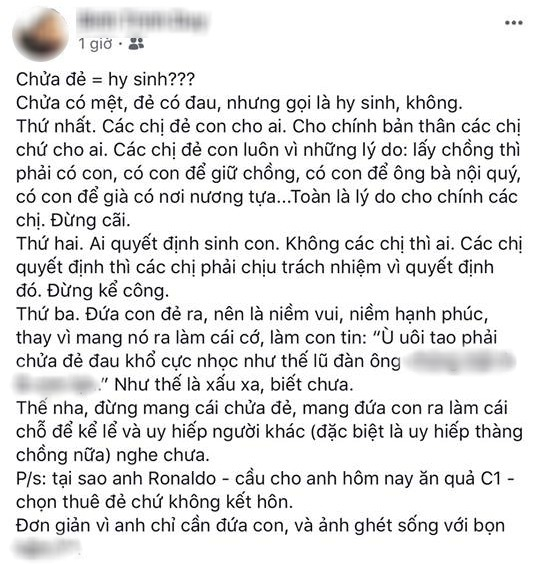 Quan điểm đã quyết định chửa đẻ thì chấp nhận đau, đừng kể công của chàng trai trẻ khiến chị em dậy sóng