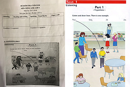 Đề tiếng Anh in đen trắng, nhưng yêu cầu học sinh phân biệt màu