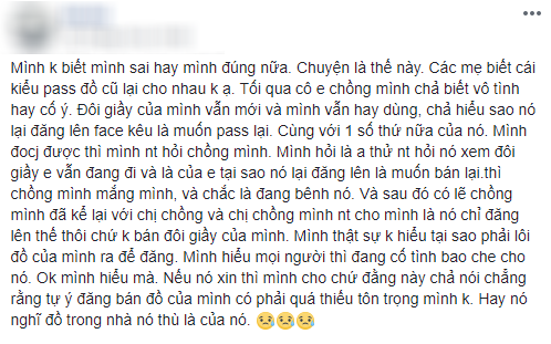 Đôi giày đang dùng bỗng bị em chồng tự tiện chụp ảnh đăng bán trên MXH, chị dâu mách còn bị chồng mắng