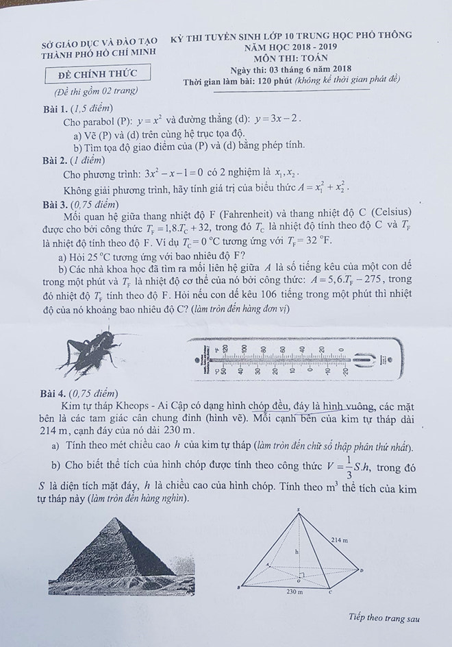 Bài giải đề thi môn Toán vào lớp 10 ở Sài Gòn