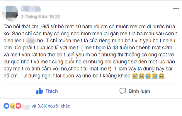 Xua đuổi những người đàn ông muốn tìm hiểu mẹ dù bố đã mất 10 năm, cô gái bị dân mạng mắng là ích kỉ