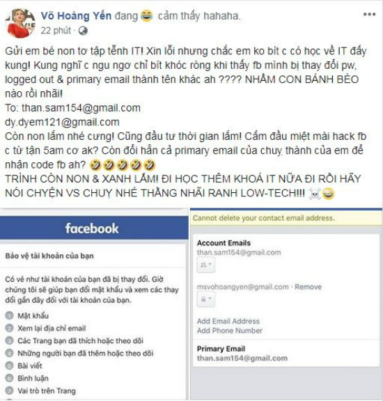 Võ Hoàng Yến dằn mặt người hack Facebook của cô: Trình còn non lắm