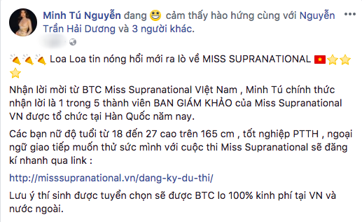 Siêu mẫu Minh Tú chính thức trở thành giám khảo ‘Hoa hậu Siêu quốc gia Việt Nam 2018’ Siêu mẫu Minh Tú chính thức trở thành giám khảo ‘Hoa hậu Siêu quốc gia Việt Nam 2018’