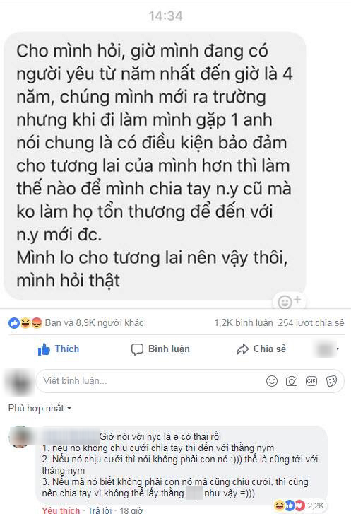 Cô nàng đăng đàn hỏi cách chia tay êm thấm để đến với người mới có điều kiện hơn, nhưng dân mạng chỉ chú ý người hiến kế