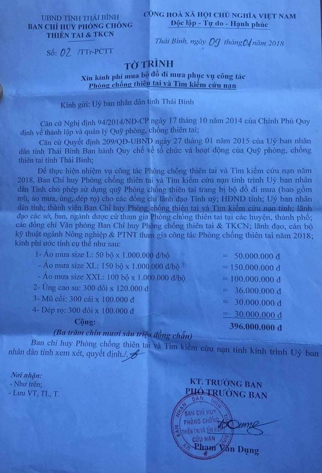 Thông tin bất ngờ từ người ký tờ trình mua áo mưa 1 triệu ở Thái Bình