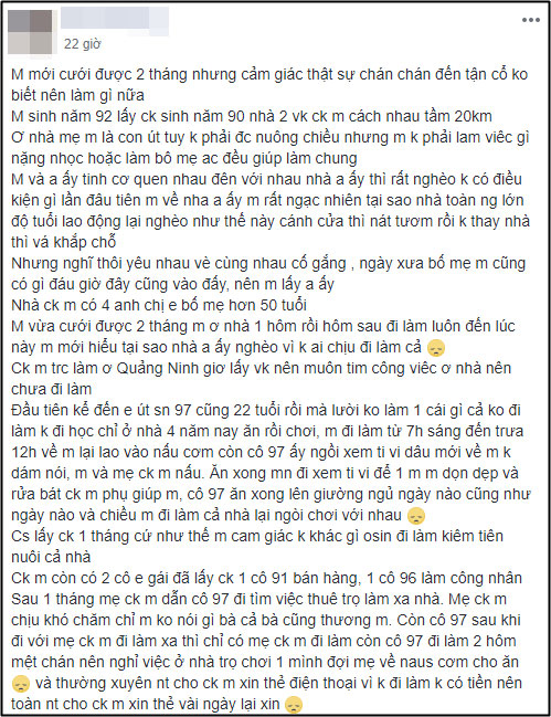 Mới cưới 2 tháng nhưng cô gái phát hoảng vì nhà chồng chăm ăn lười làm, chi tiêu trút hết lên con dâu Mới cưới 2 tháng nhưng cô gái phát hoảng vì nhà chồng chăm ăn lười làm, chi tiêu trút hết lên con dâu